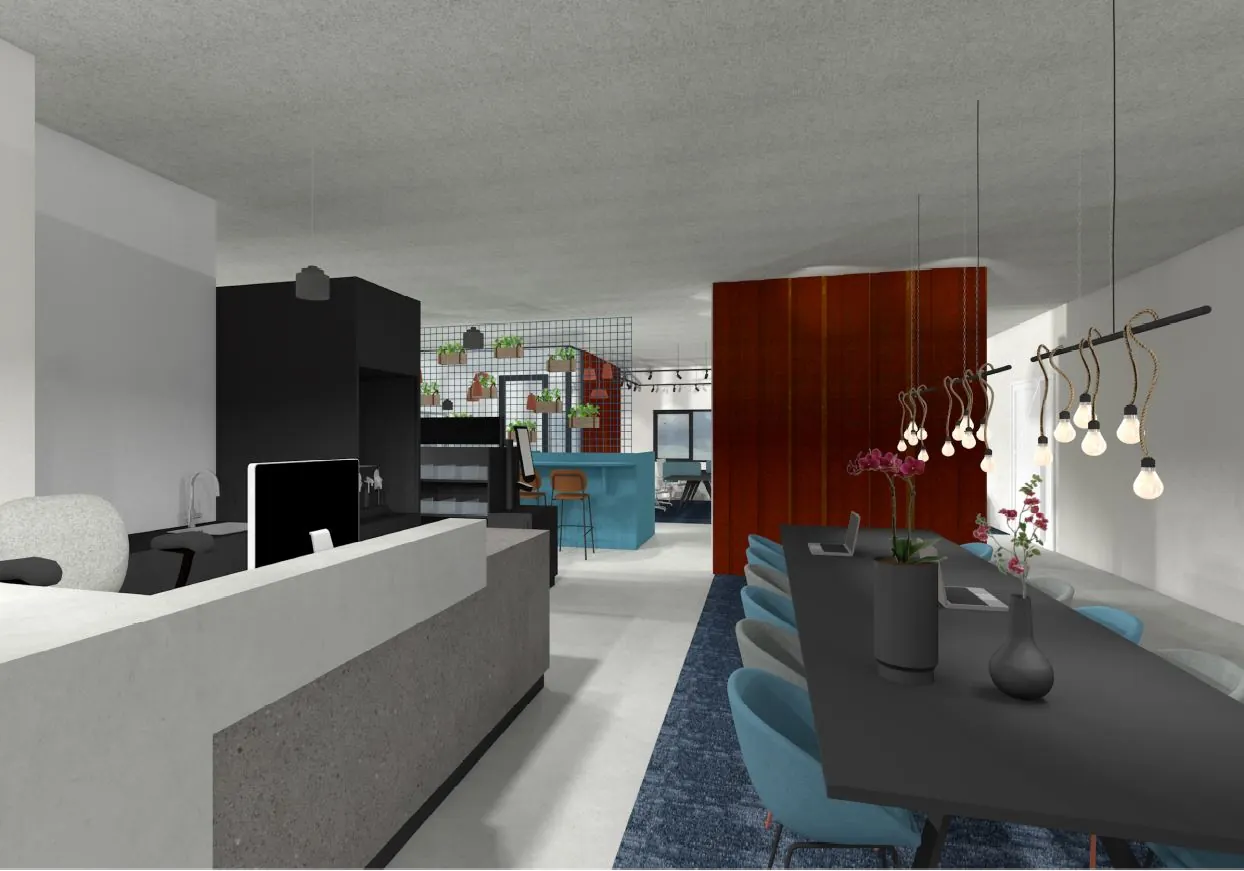 Moderne kantoorruimte in Waalhaven-Oost met open werkplekken, een lange vergadertafel, hanglampen en decoratieve planten.